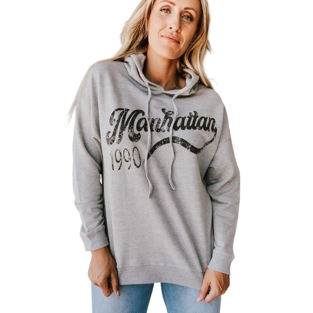 VINTAGE CANVAS Manhattan New York Graphic Hoodie Gray Cotton Sweatshirt Medium